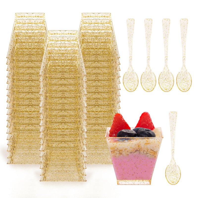 I00000 2oz Gold Glitter Square Mini Plastic Dessert Cups, 2 Ounce Small Plastic Cups with Mini Spoons, Include 100 Pieces Small Parfait Cup and 100 Pieces Gold Spoons for Pudding, Fruit and Ice Cream - Image 1